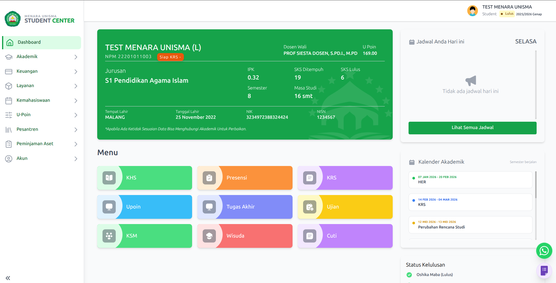 Tampilan Portal Mahasiswa